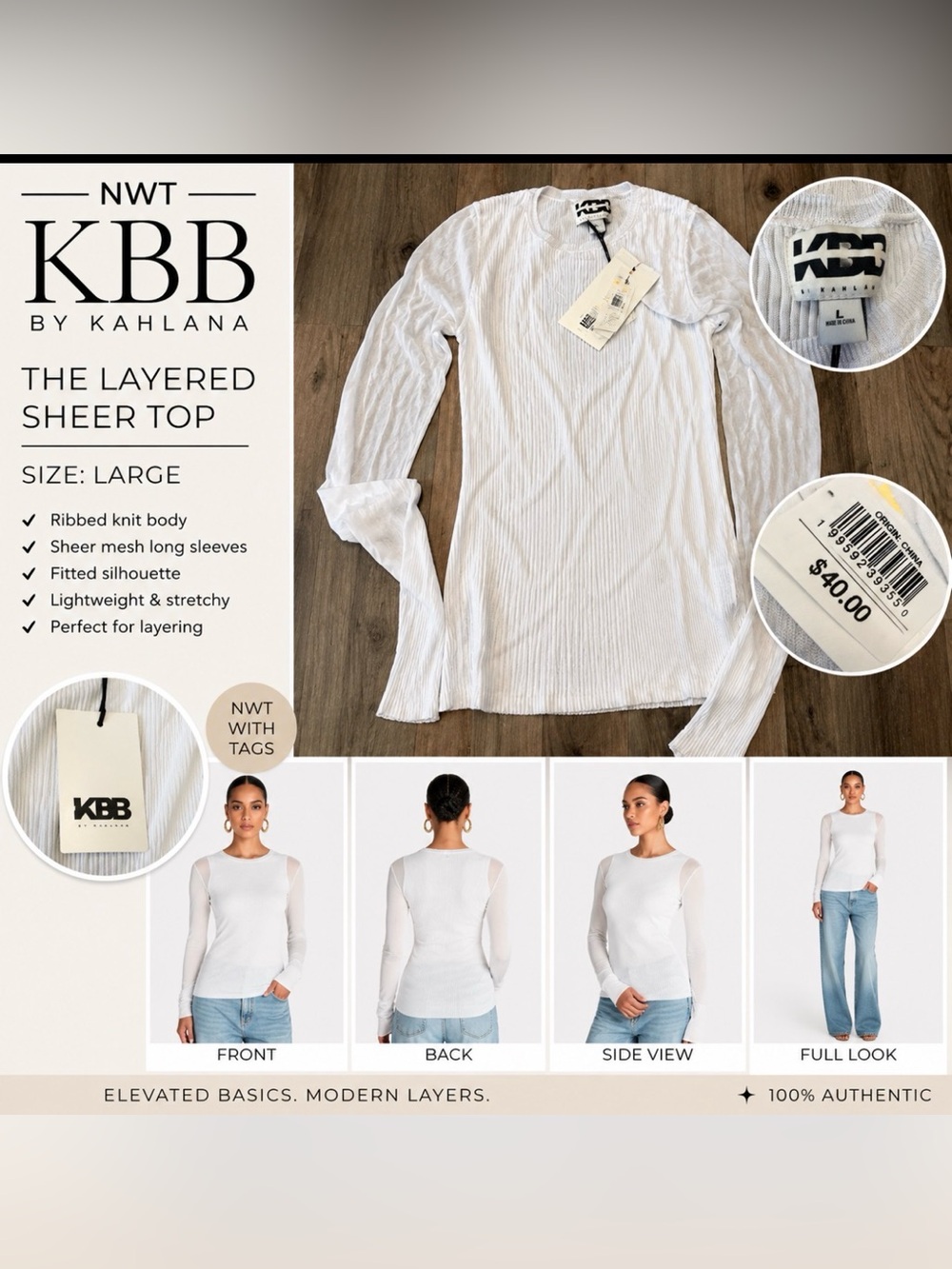 KBB by Kahlana The Layered Sheer Top White Ribbed Sheer Sleeve NWT Women’s Large